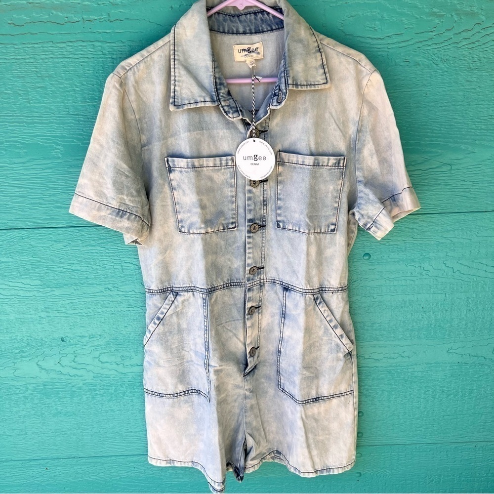 UMGEE UTILITY CARGO DENIM ROMPER BUTTON DOWN POCKETS SIZE MEDIUM NWT - Picture 2 of 6